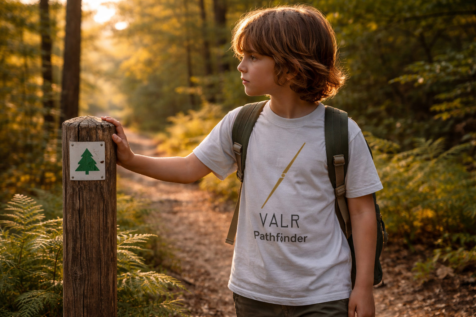 Young explorer discovering a trail marker while wearing the VALR Pathfinder shirt